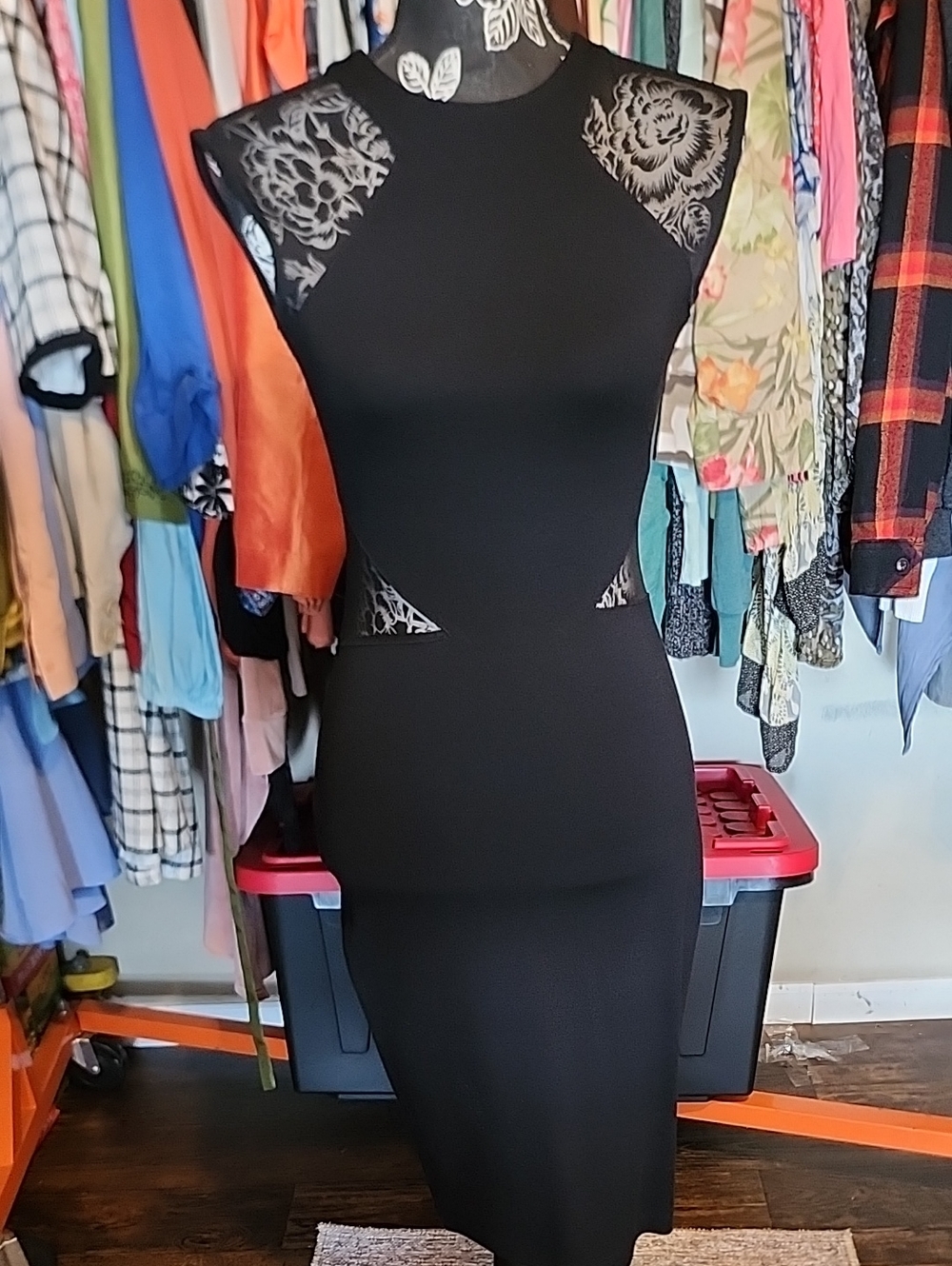 French Connection Black Lace-Accent Midi Dress